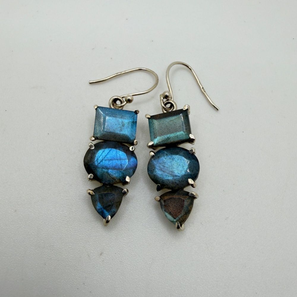 Unique ~1.6" long, faceted labradorite dangle earrings in sterling silver!